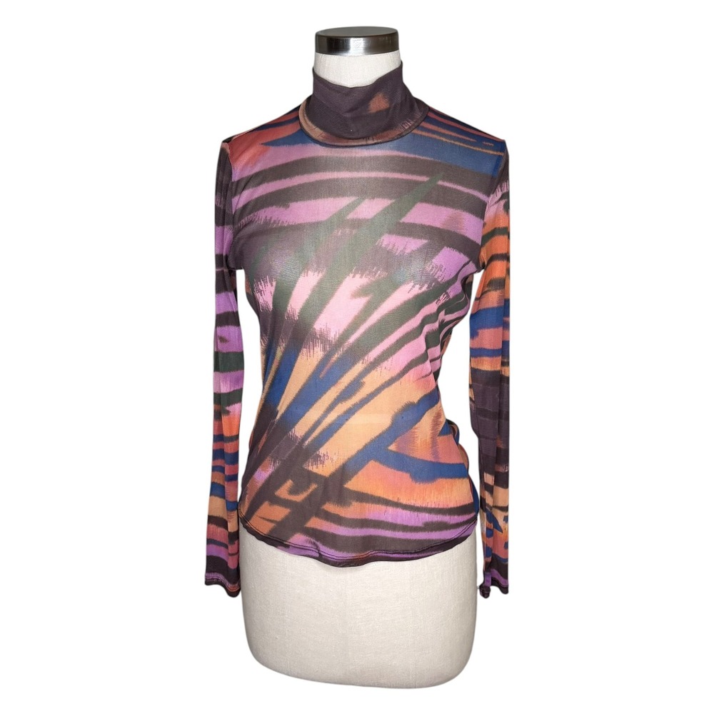 PARKER‎ Lena Mesh Top Multicolor Abstract Sheer Turtleneck Women's Size Small
